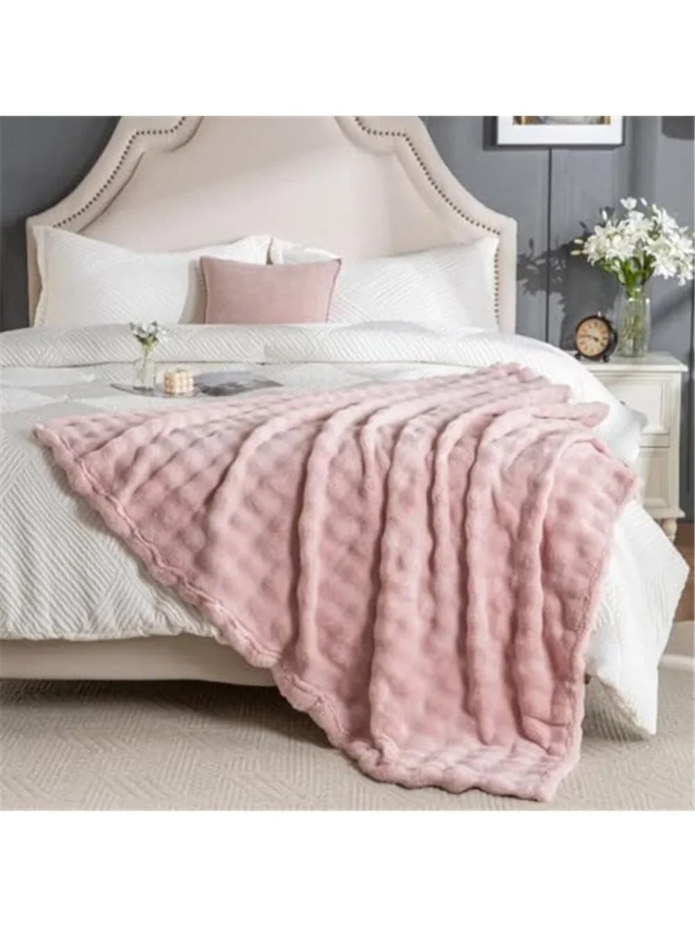 Pink Faux Fur Throw Blanket Fluffy 3D Bubble Fleece Plush Sofa Couch Bed Decor